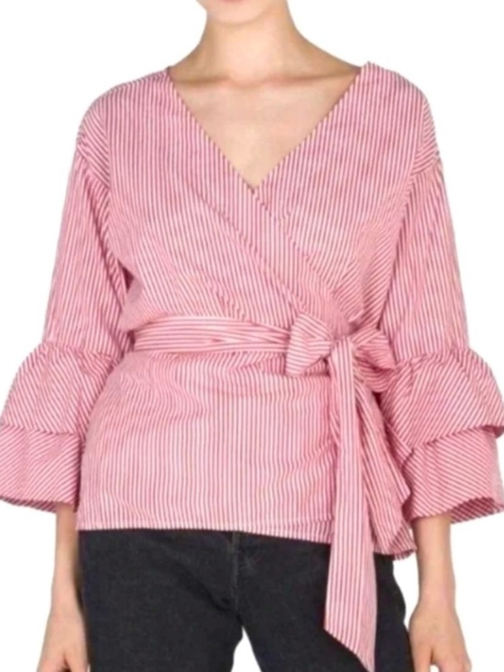 Beachlunchlounge
Arianna red white stripes faux wrap ruffled quarter sleeves top
